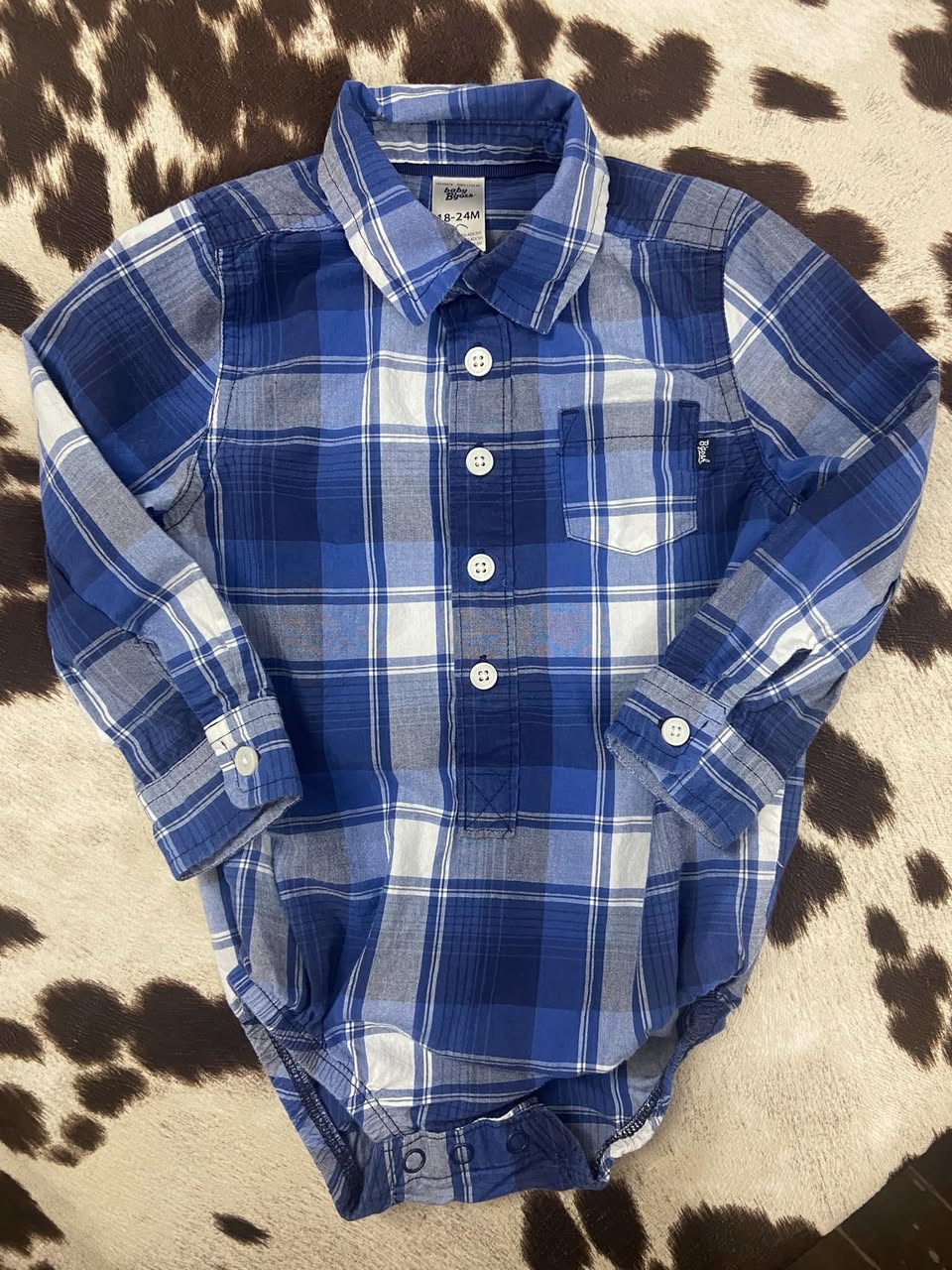 #010325 OshKosh Blue Plaid Onesie Size 18/24 M