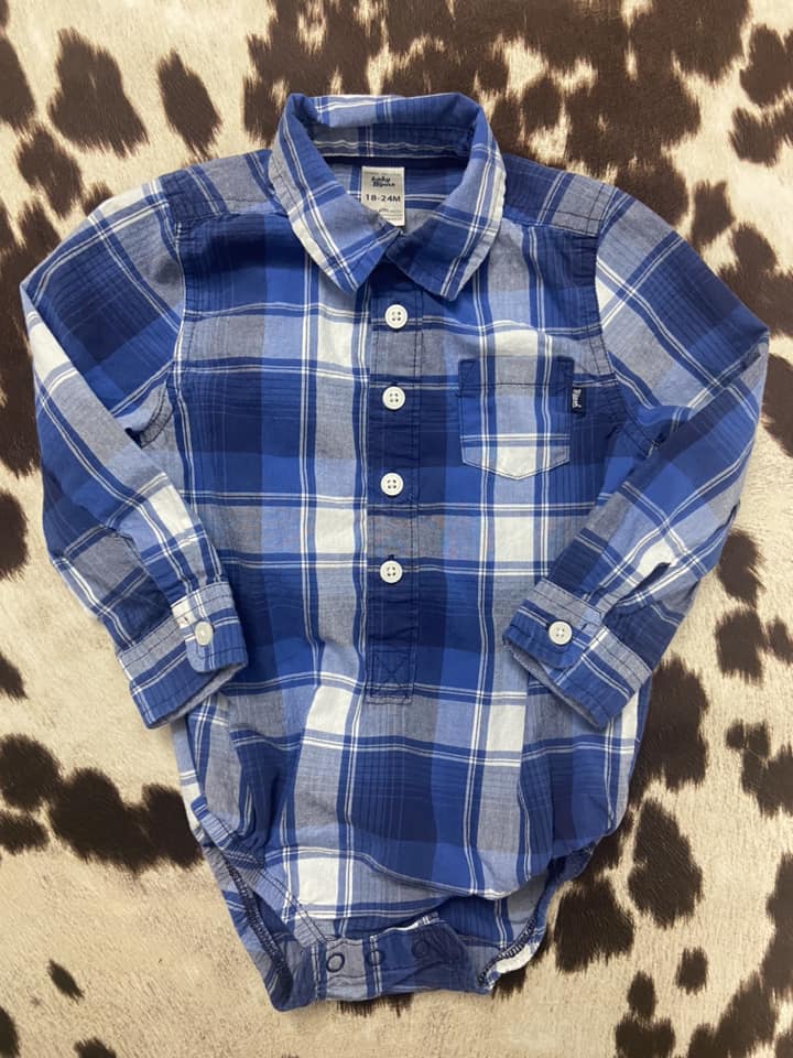 #010325 OshKosh Blue Plaid Onesie Size 18/24 M
