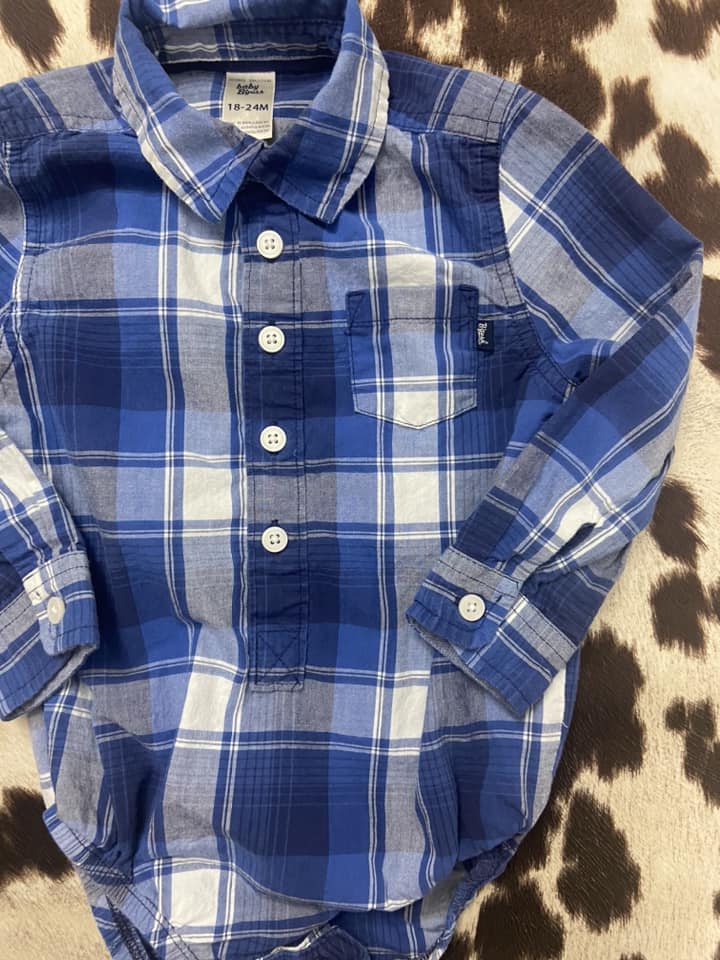#010325 OshKosh Blue Plaid Onesie Size 18/24 M