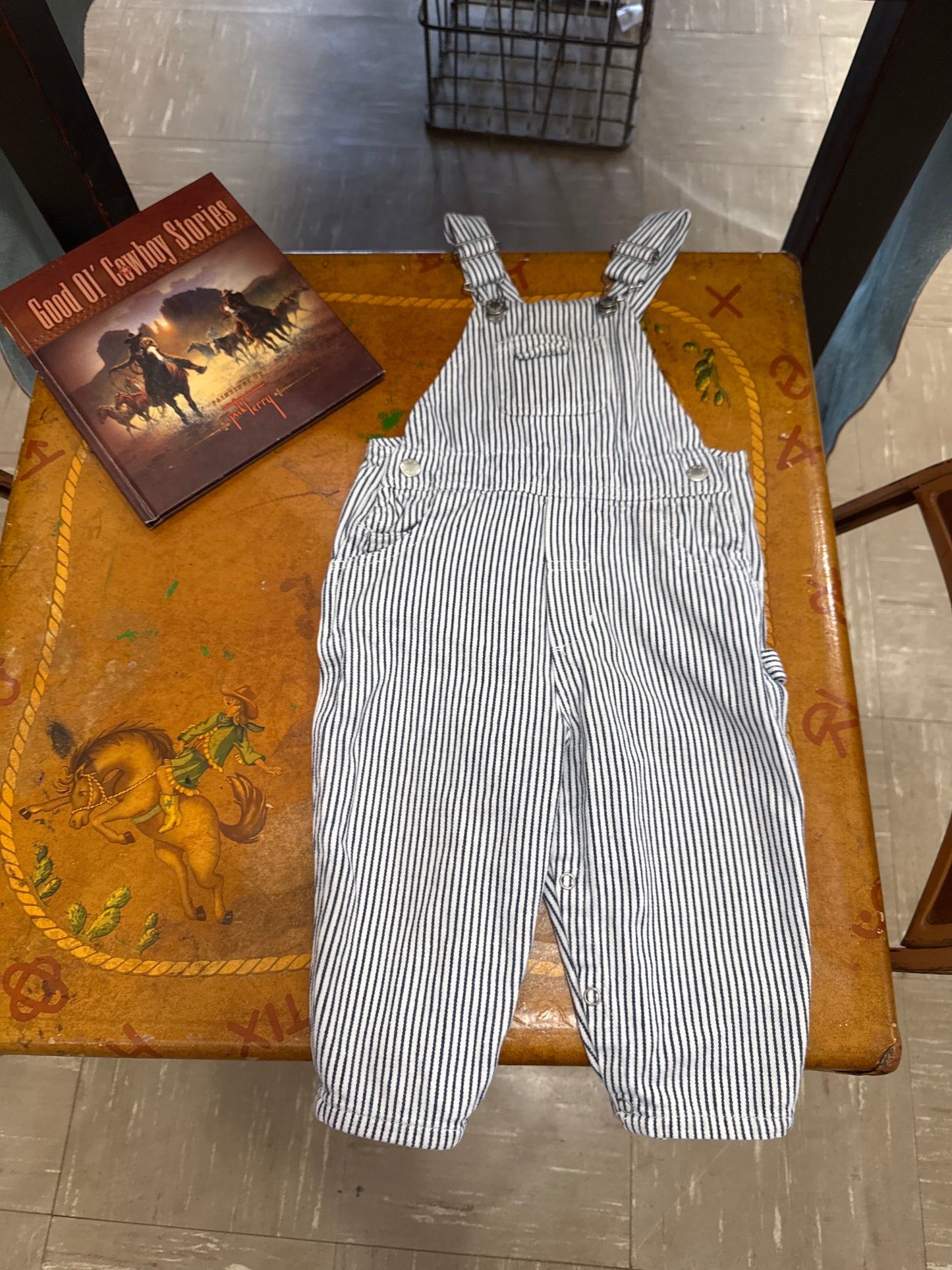 #032925 Blue/White Striped Overalls Size 24M