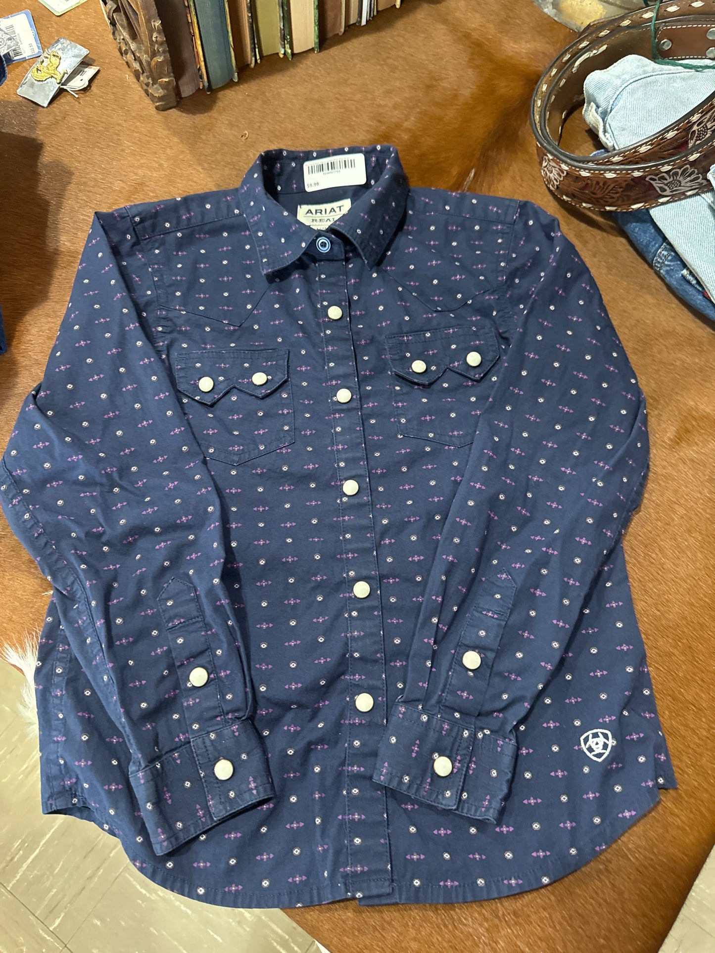 #012225 Ariat Blue/Purple Shirt Size M10
