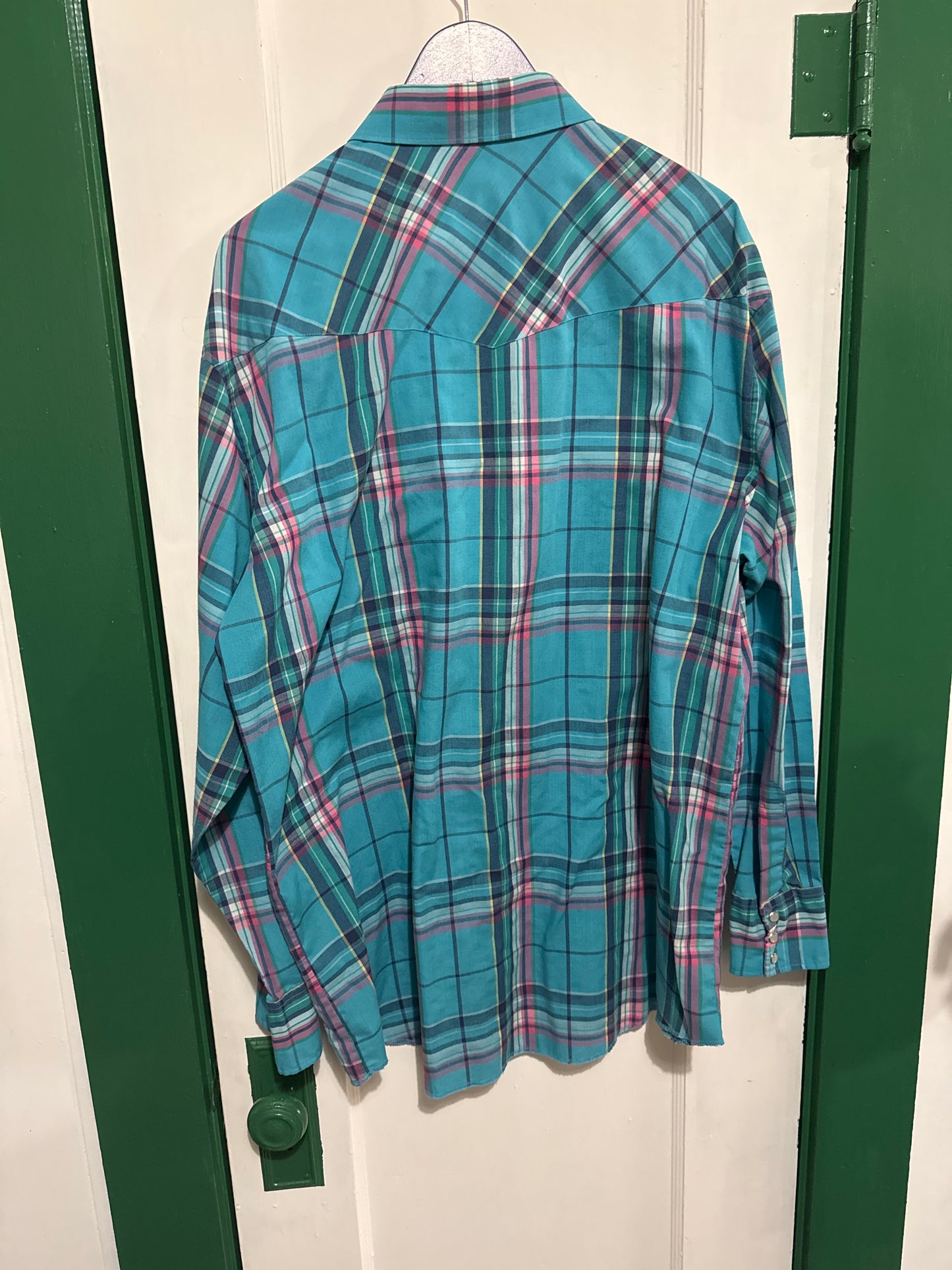 #040425 Wrangler Turquoise Plaid Shirt Size 171/2 -37