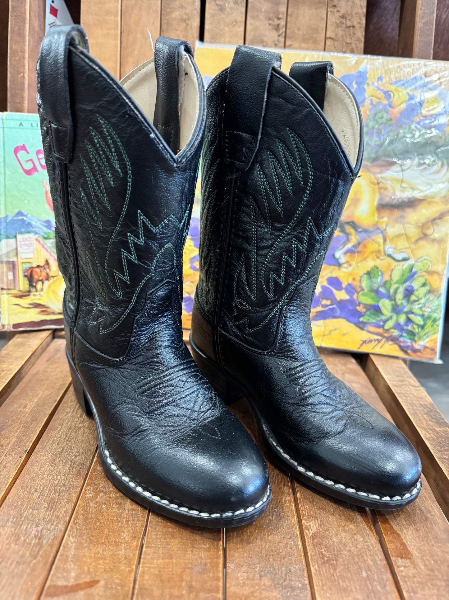 #011125 Old West Black Boots With Green Stitching Size Kids 11D