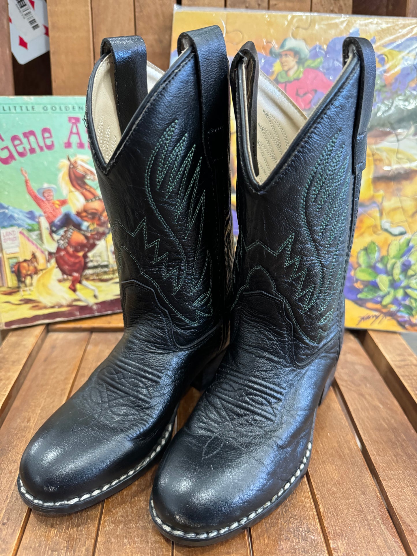 #011125 Old West Black Boots With Green Stitching Size Kids 11D