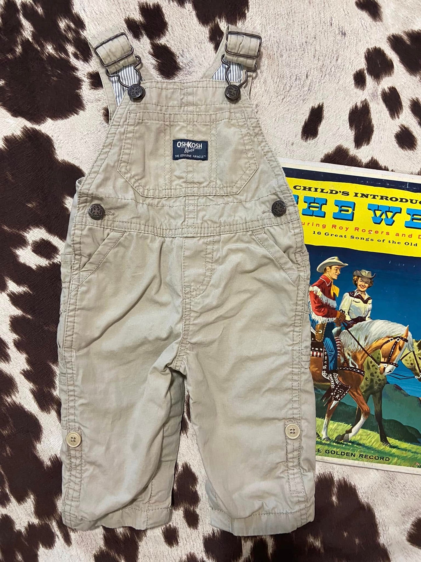 #010225 OshKosh Tan Overalls Size 3/6 M