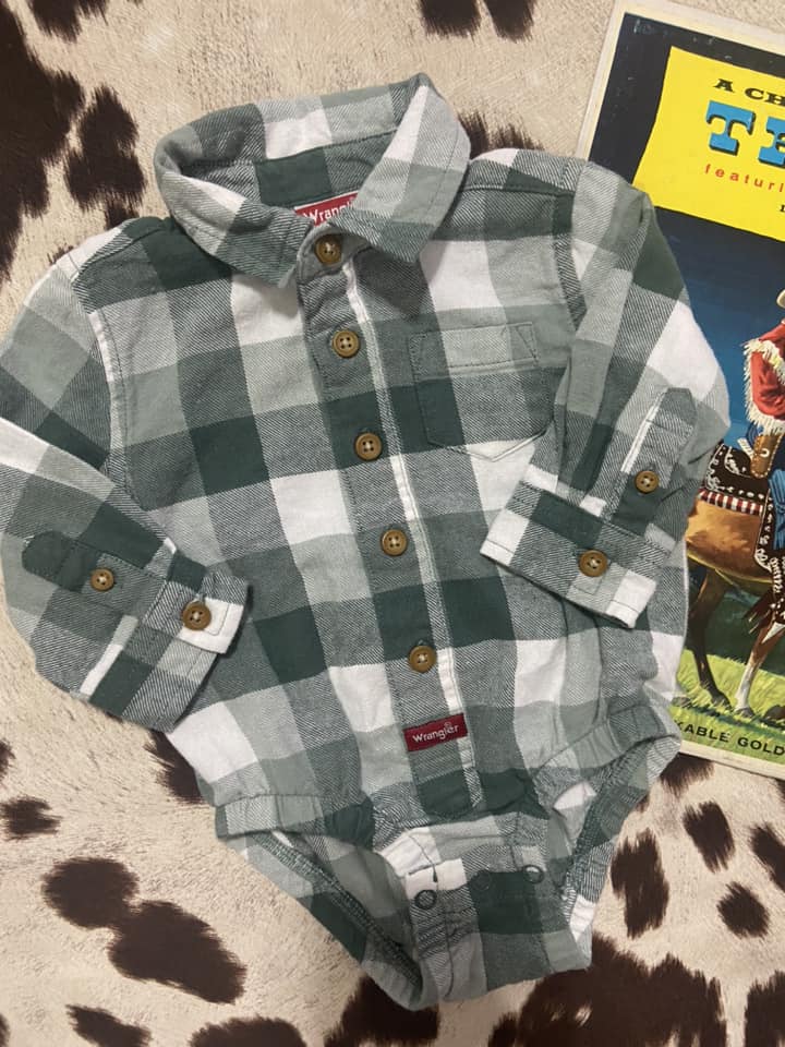 #010225 Wrangler Green/White Plaid Baby Onesie 6Mo.