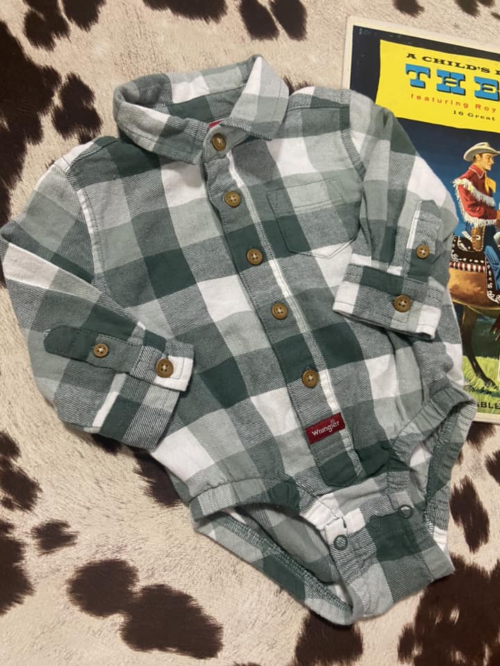 #010225 Wrangler Green/White Plaid Baby Onesie 6Mo.