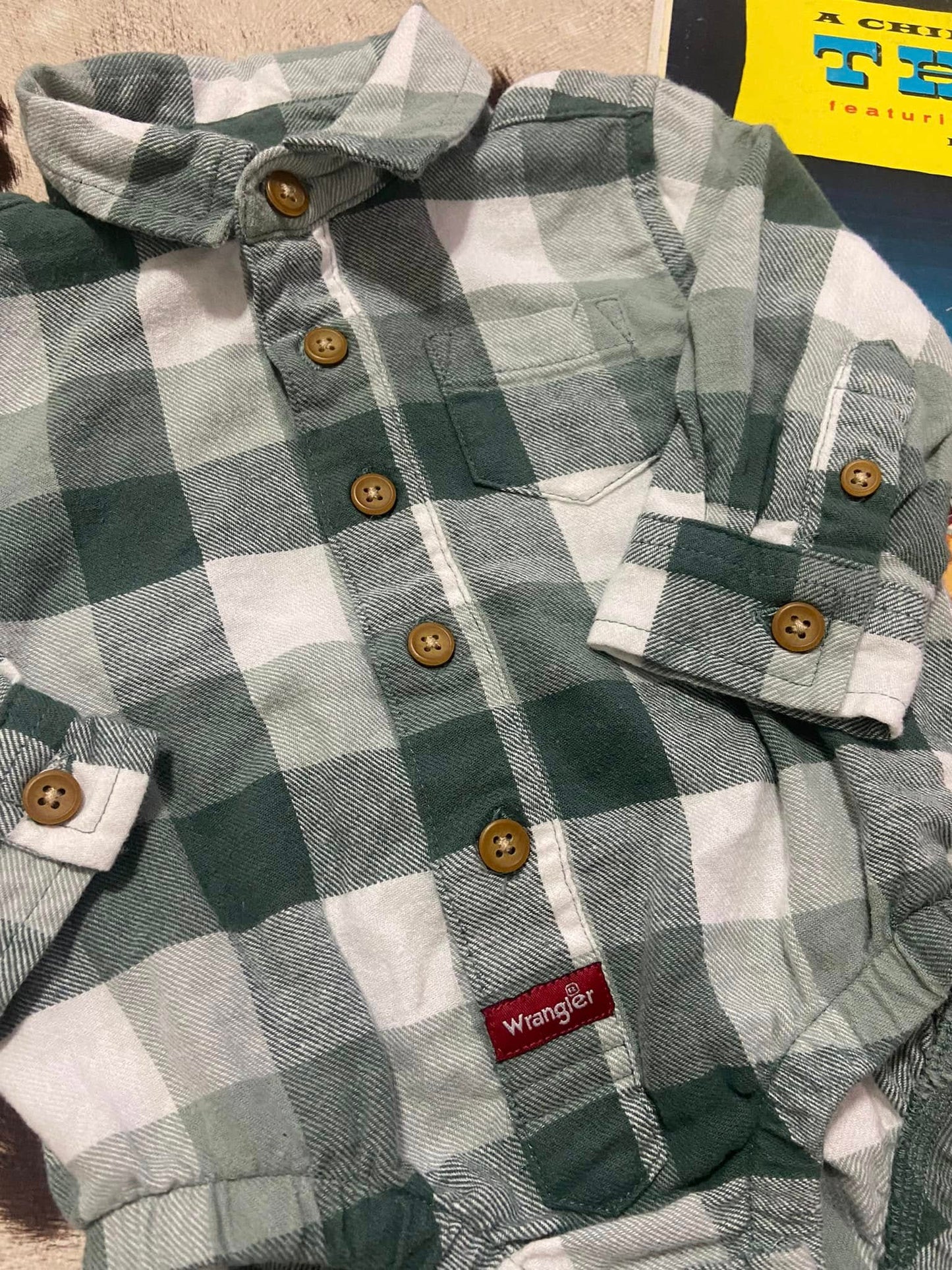 #010225 Wrangler Green/White Plaid Baby Onesie 6Mo.