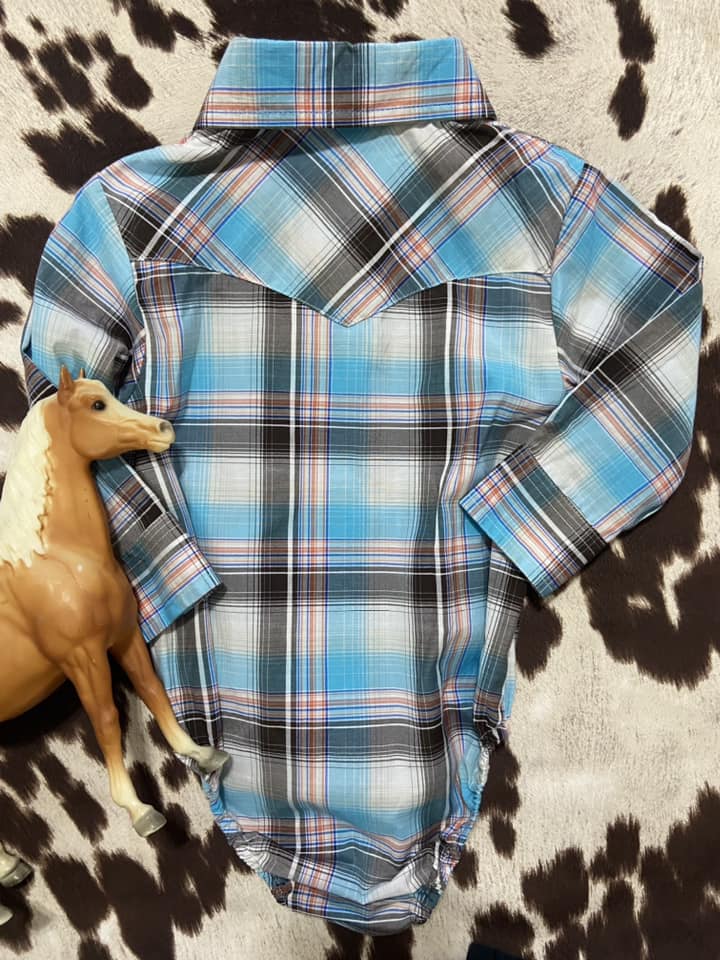 #010225 Red River Boys Turq Plaid Onesie Size 18M