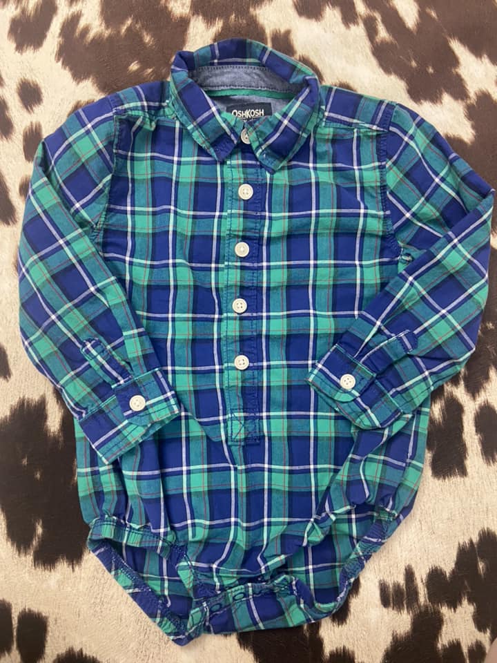#010325 OshKosh Green Plaid Onesie Size 18/24 M