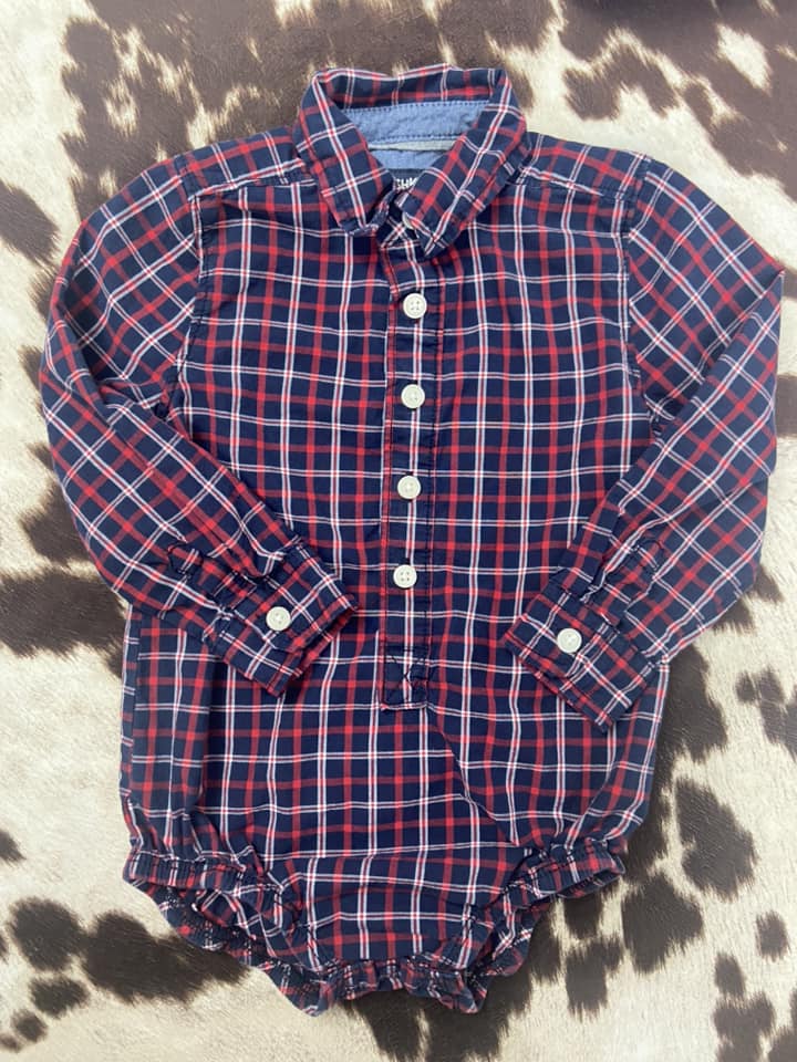 #010325 OshKosh Red Plaid Onesie Size 18/24 M