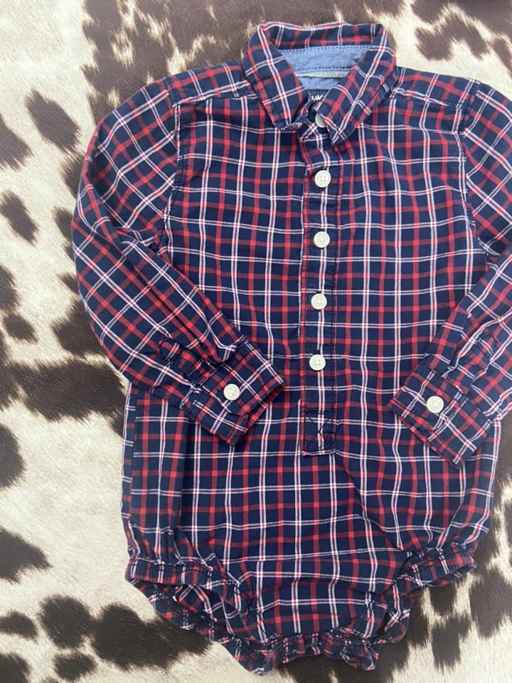 #010325 OshKosh Red Plaid Onesie Size 18/24 M