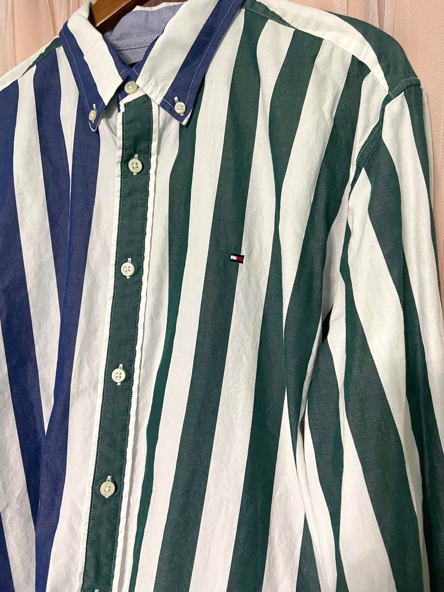 #010525 Tommy Hilfiger Navy/Green Striped Shirt Size XL