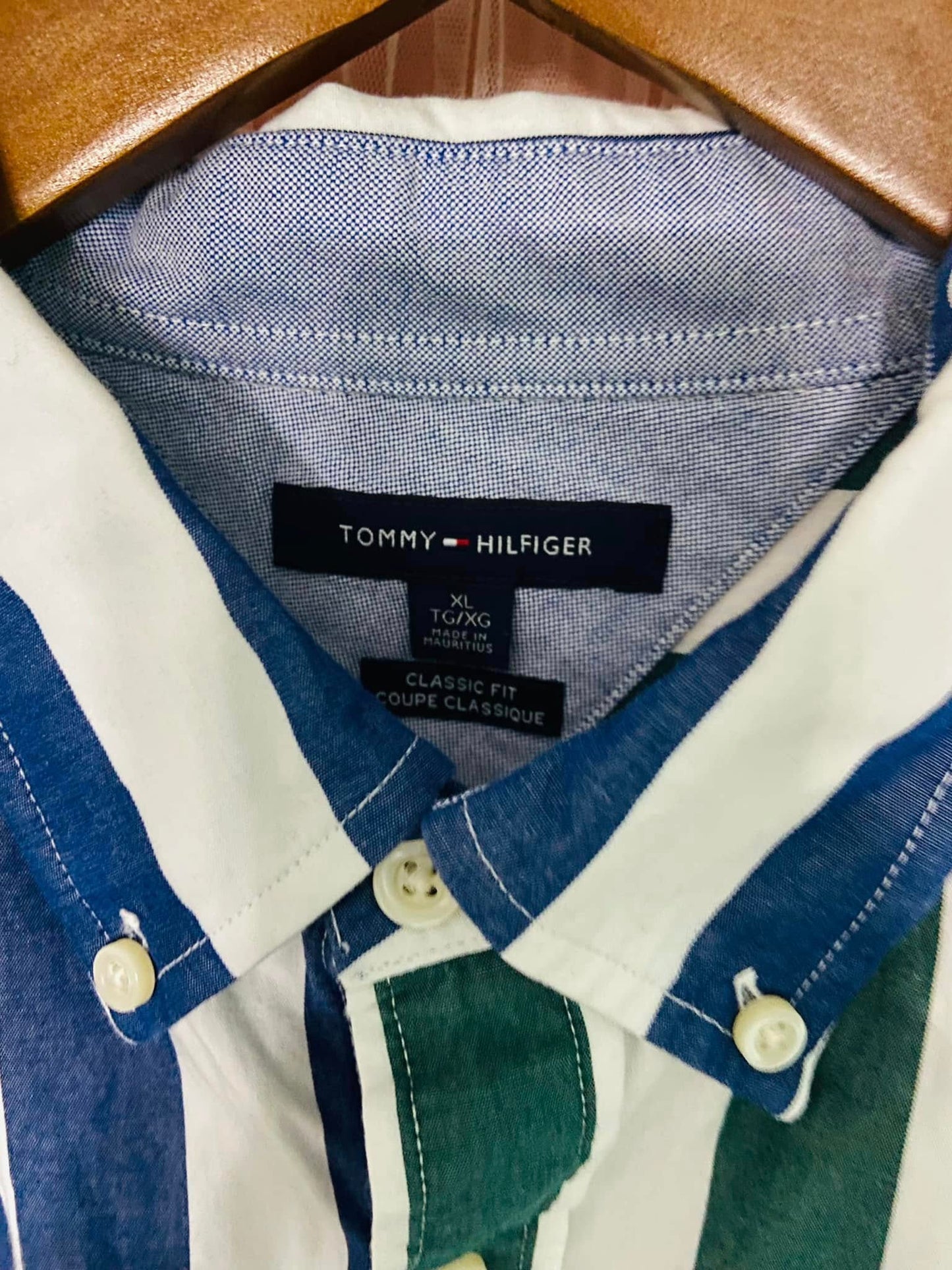 #010525 Tommy Hilfiger Navy/Green Striped Shirt Size XL