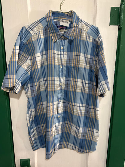 #021825 Patagonia Blue Plaid Shirt Size Mens L