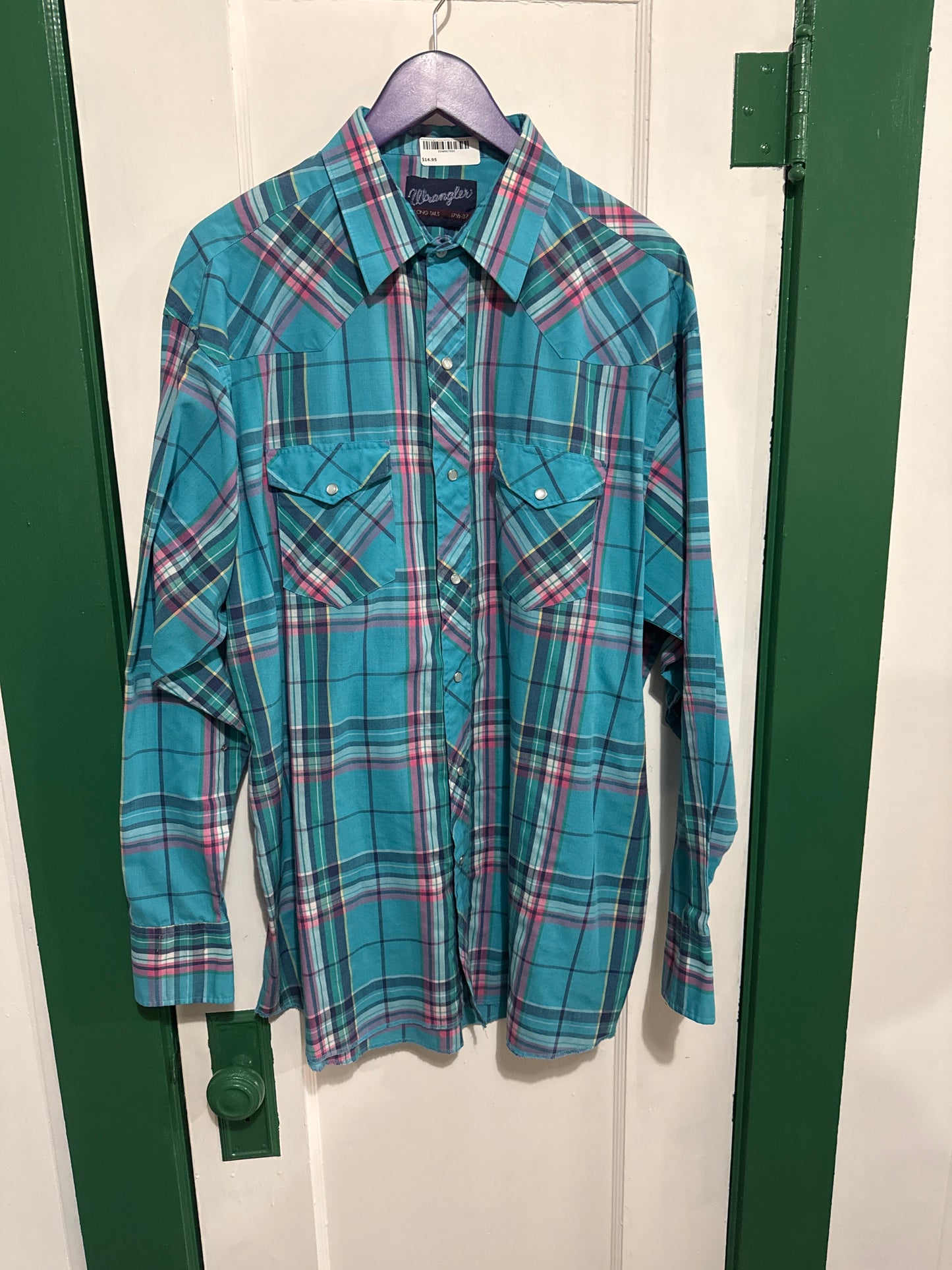 #040425 Wrangler Turquoise Plaid Shirt Size 171/2 -37