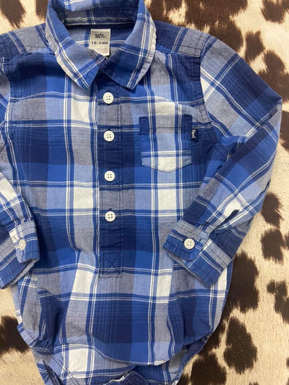 #010325 OshKosh Blue Plaid Onesie Size 18/24 M