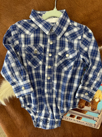 #121624 LW Wrangler Blue Plaid Onesie Size 3/6 M