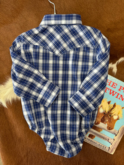 #121624 LW Wrangler Blue Plaid Onesie Size 3/6 M