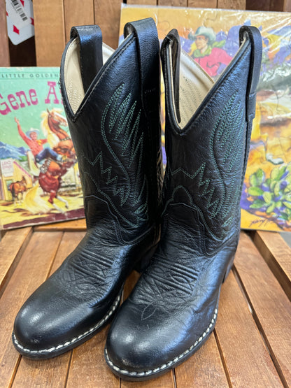 #011125 Old West Black Boots With Green Stitching Size Kids 11D