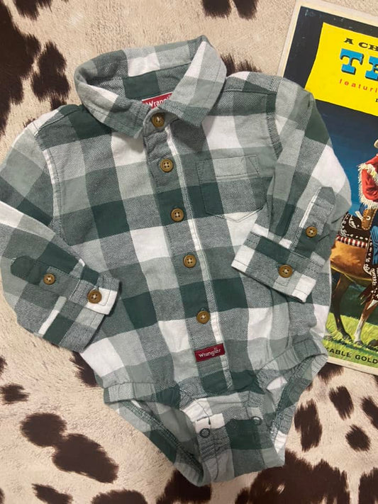 #010225 Wrangler Green/White Plaid Baby Onesie 6Mo.