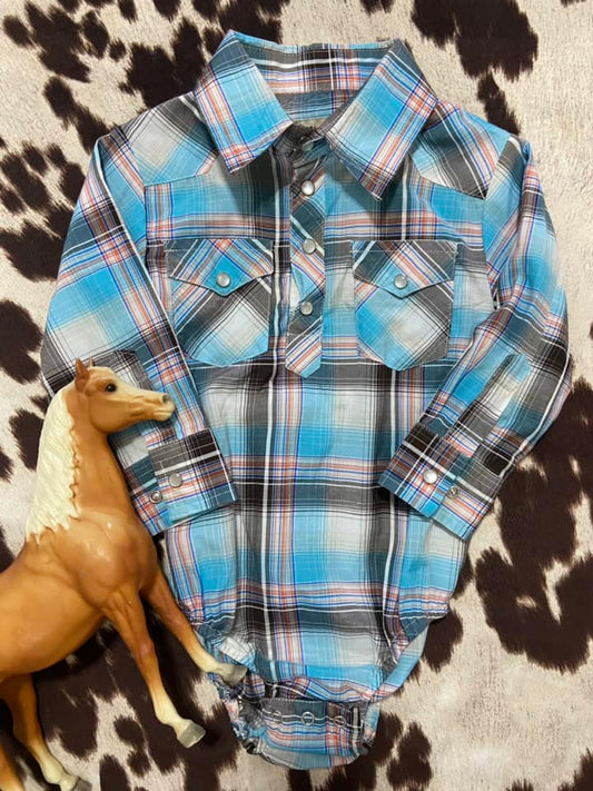 #010225 Red River Boys Turq Plaid Onesie Size 18M