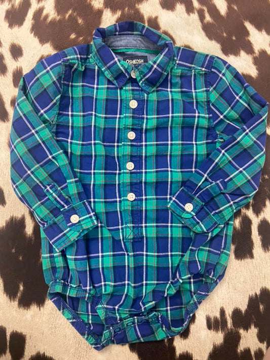 #010325 OshKosh Green Plaid Onesie Size 18/24 M